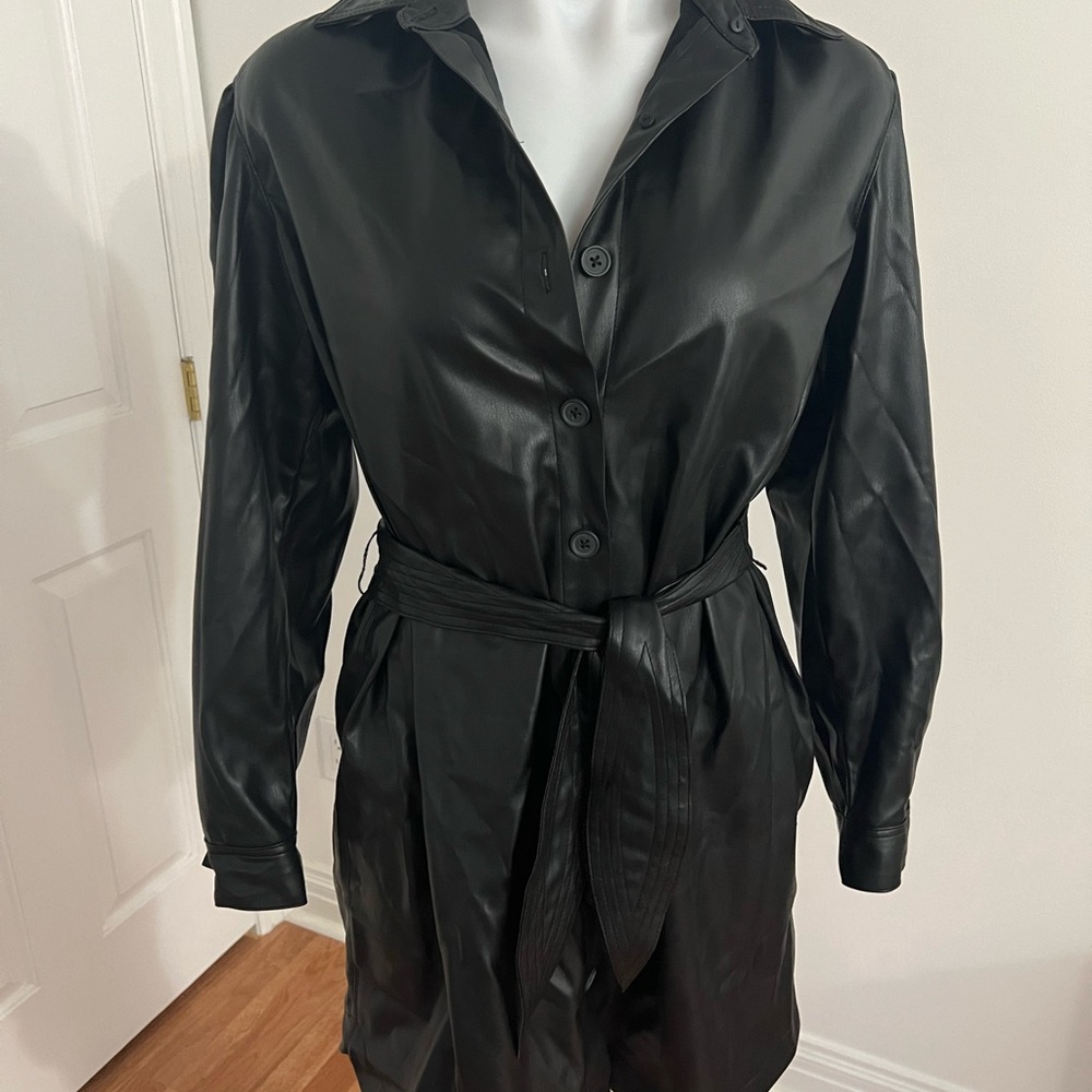 Black Faux Leather Belted Jacket